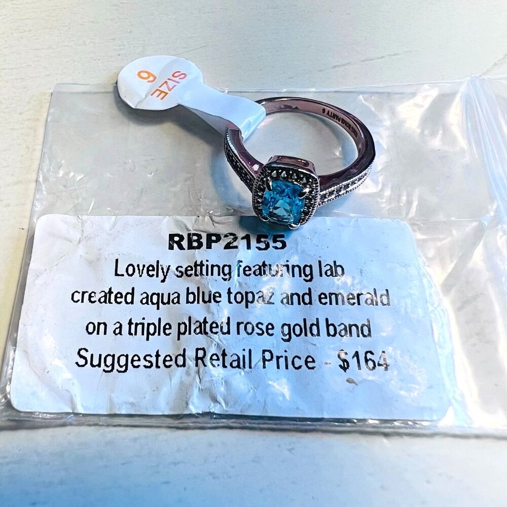 Ring Bomb Party Ring # 2155, Size 6 LC Aqua Blue Topaz triple plated rose gold - Picture 4 of 4